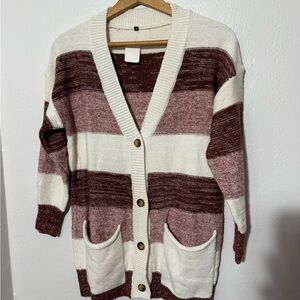 Striped Burgundy and Cream Women's Cardigan Sweater